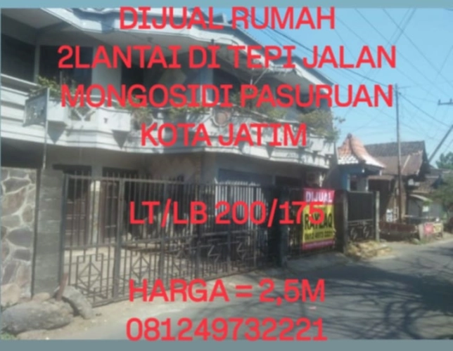 DIJUAL RUMAH 2LANTAI DI TEPI JALAN MONGONSIDI PASURUAN KOTA JATIM